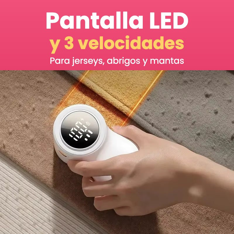 Ovilla quitapelusas con pantalla LED y 3 velocidades sobre un jersey